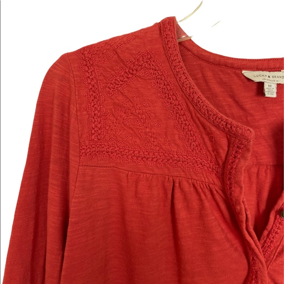Lucky Brand Embroidered V-Neck Long Sleeve Top in Red Size Medium - Picture 6 of 9